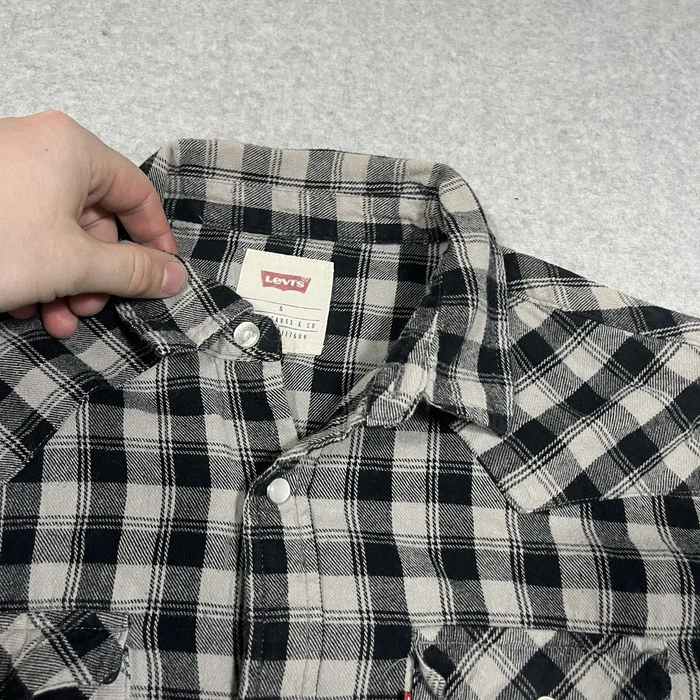 Levis Shirt Mens Small Gray Plaid Pearl Snap Flannel Western Cowboy Long Sleeve